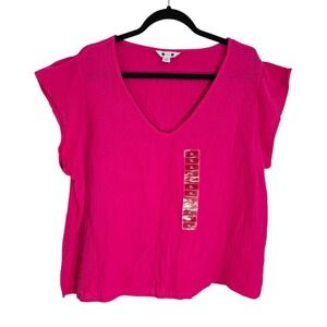 3 Dots Women's XL Top Hot Pink V‎ Neck Short Sleeve Blouse Casual